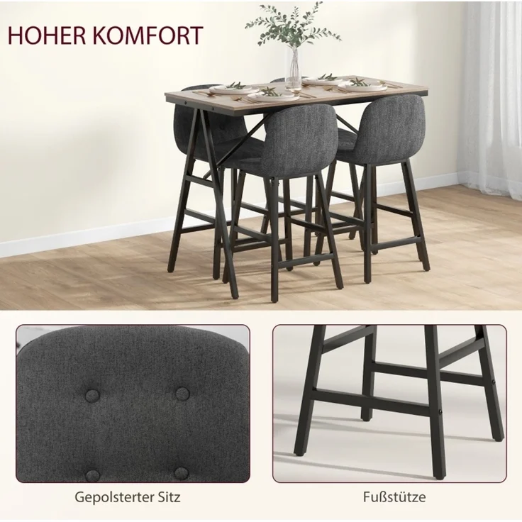 Bartisch-Set mit 4 gepolsterten Hockern, 120x60x91 cm, Dunkelgrau – Bild 7
