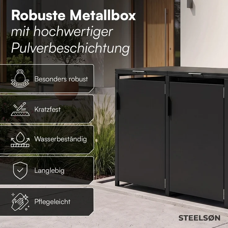 STEELSØN 'Thoria' Mülltonnenbox 2er je 240 Liter, graphitschwarz, Mülltonnenverkleidung aus Stahl, wetterfest, 116x80x134 cm, Müllbox für 2 Tonnen – Bild 5