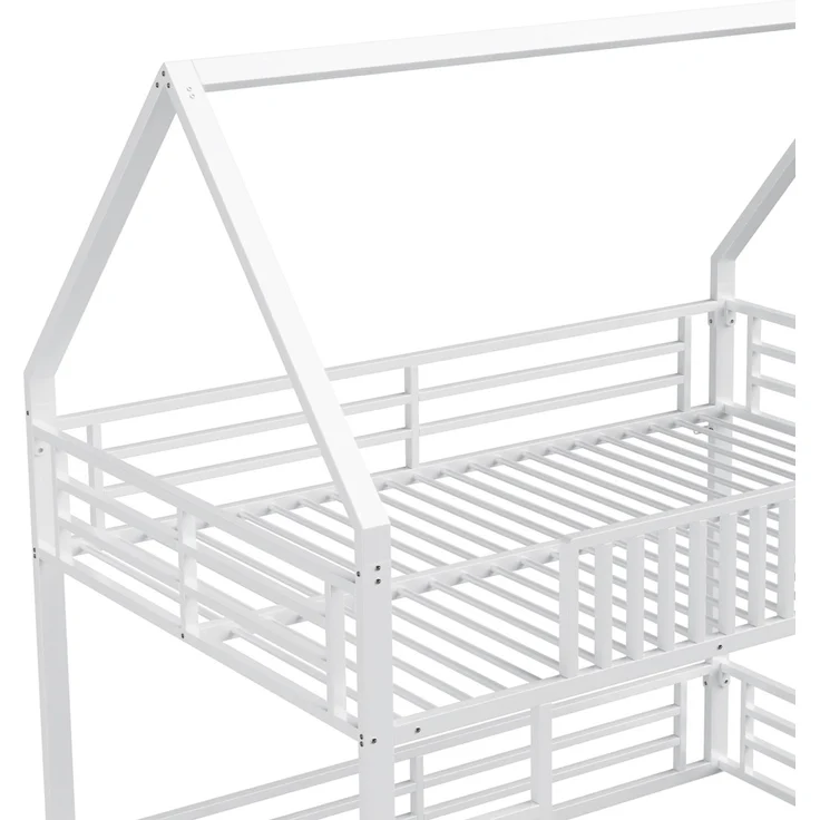 U-life Haus-Etagenbett 140x200 cm mit Sicherheitszaun, LED-Beleuchtung und 2 Lattenrosten, Weiß – Bild 9