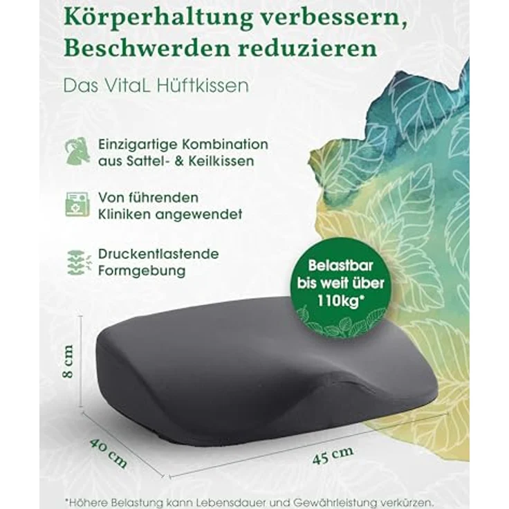 VitaL Kissen® Hüftkissen – ergonomisches orthopädisches Sitzkissen für Bürostühle – entlastet Rücken, Hüfte, Knie & LWS, rutschfeste Unterseite, Made in Germany – Bild 2