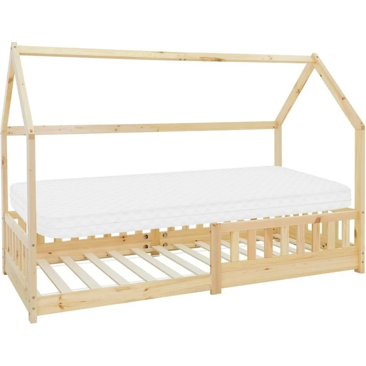 ML-DESIGN Kinderbett Hausbett mit Rausfallschutz, Dach und Lattenrost Massivholz, Bett 90x200 cm Natur mit Matratze 10cm Mädchen Jungen Holzbett – Bild 1