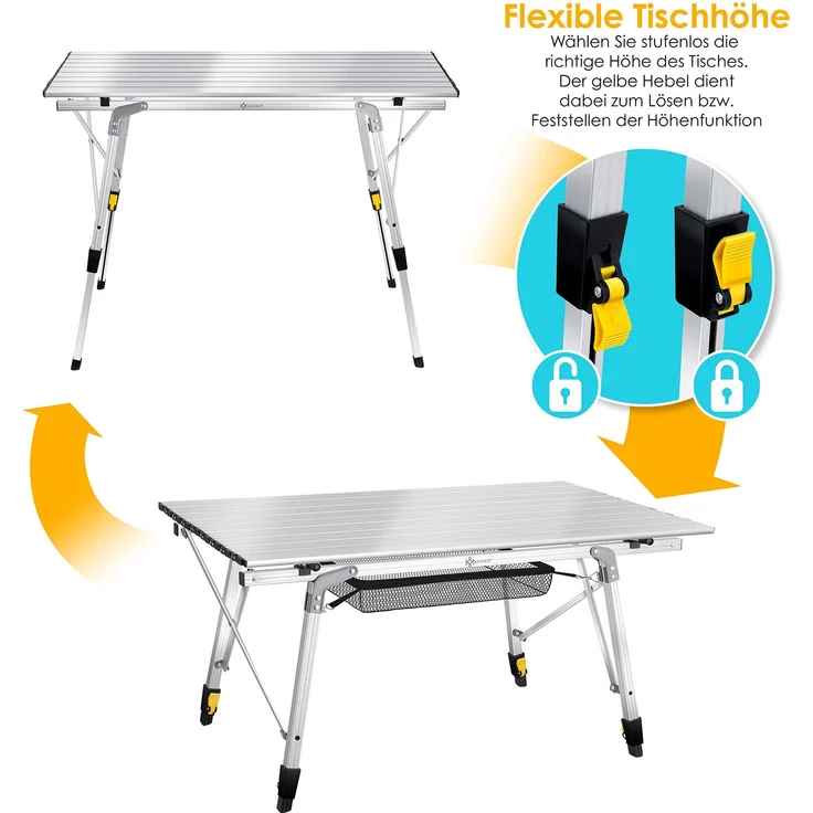 KESSER® Campingtisch faltbar Klapptisch mit Aluminiumrahmen Aufrollbare Tischplatte Falttisch klappbar höhenverstellbar inkl. Tragetasche mit Trageband & Netztasche Silber – Bild 2