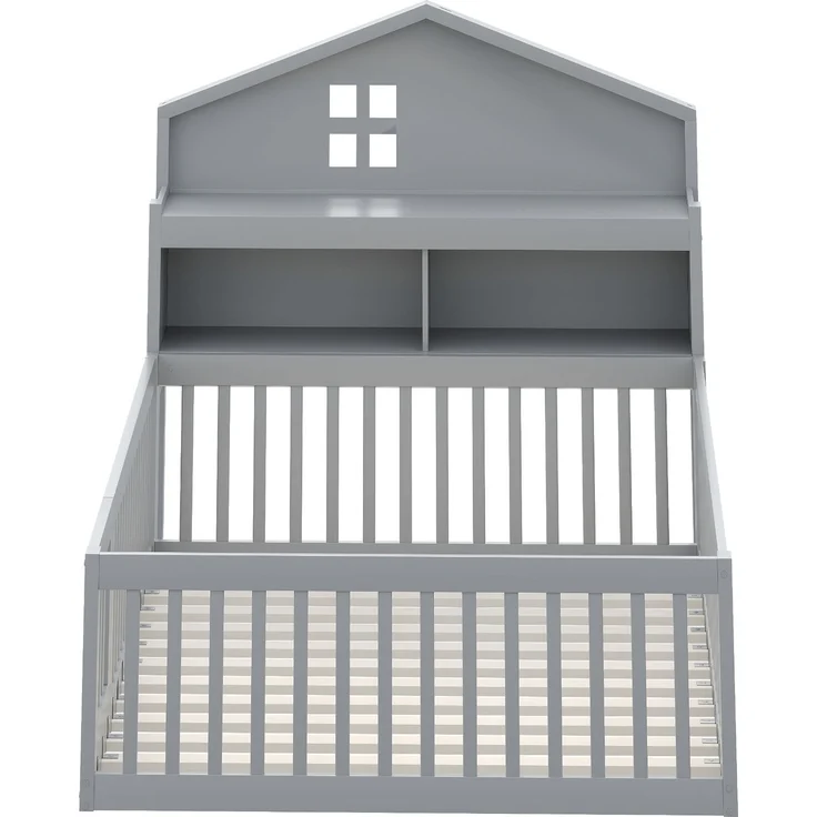 Kinderbett Hausform 140x200 cm mit Kreidetafel, Regalen & Tür,Massivholz Bodenbett,Grau – Bild 8