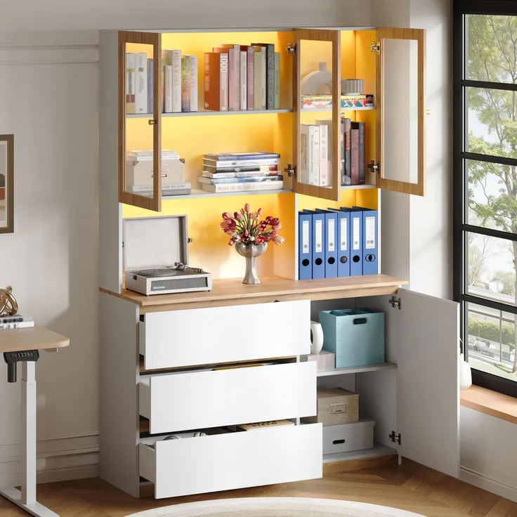 Hochschrank 200x120x24.5 cm mit LED, Glasvitrine, 3 Schubladen in Weiß/Eiche – Bild 4