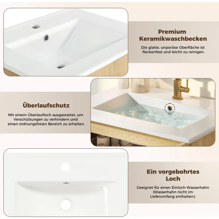 Waschtischunterschrank mit Keramikwaschbecken, B 61 x T 47 x H 89 cm, MDF in Holzoptik und Rattan-Türen – Bild 7