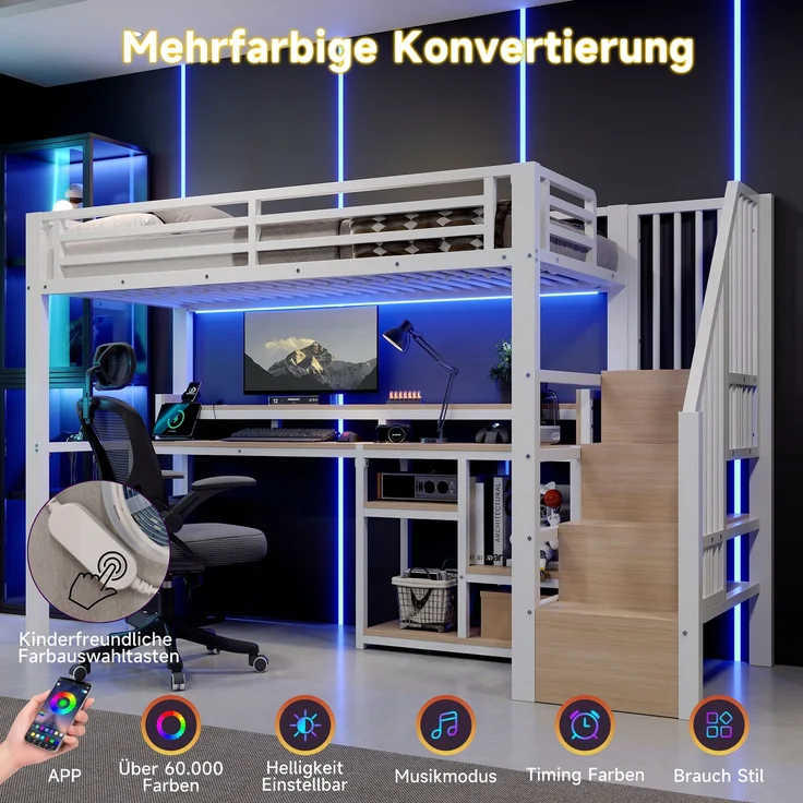 EINHOM Hochbett, 90 x 200 cm, Metallbettgestell, Leiterschrank, Ablagefach, USB + Typ-C, LED-Lichtleiste, Weiß (Ohne Matratze) – Bild 4