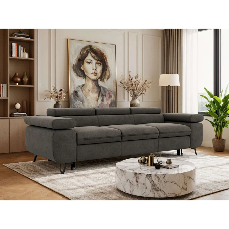 Polstersofa PETER, Sofa 3-Sitzer mit Schlaffunktion, verstellbaren Armlehnen und Kopfstütze, Gepolsterte Couch, Wellenfeder - Dunkelgrau Velvet – Bild 1