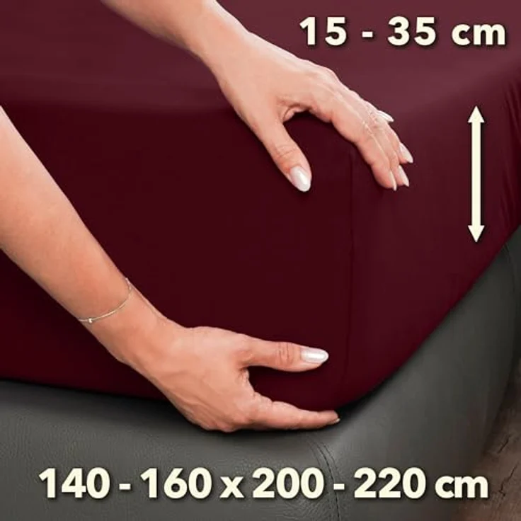 STUDIO Premium Spannbettlaken 140x200cm, 140x220cm, 160x200cm & 160x220cm – Jersey-Spannbetttuch, 97% Baumwolle & 3% Elastan, bügelfrei, Bordeaux, für Matratzen 15–35cm – Bild 3