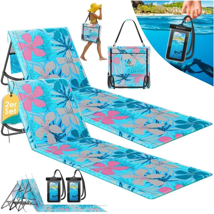 KESSER® Strandmatte klappbar mit verstellbarer Rückenlehne, Strandliege faltbar mit Tragegurt, wasserdichter Handyhülle & Aufbewahrungstasche, Sonnenliege für Strand Garten Terrasse, Liegematte 130Kg Hellblau, 2er Set – Bild 1