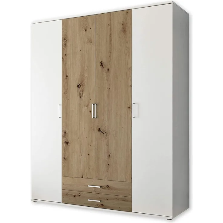 MARBURG Kleiderschrank in Weiß, Artisan Eiche Optik - Vielseitiger Drehtürenschrank 4-türig für Ihr Schlafzimmer - 160 x 196 x 54 cm (B/H/T)