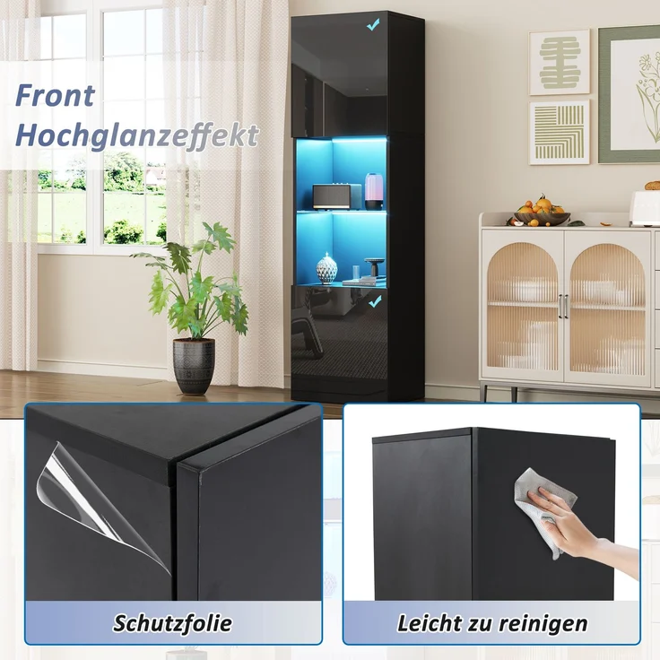 Hochglanzschwarze Vitrine mit LED-Beleuchtung, 1 Glasboden, 45*35*160 cm, Vitrine, freistehende Vitrine, Hochschrank, Lagerschrank--Schwarz--45x35x160cm--YOUDENOVA – Bild 8