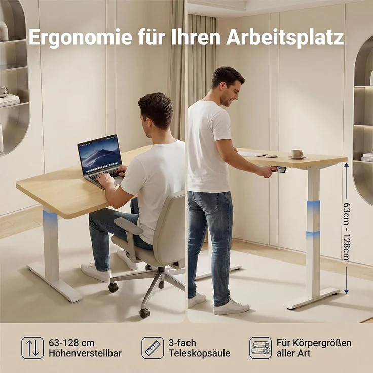 Devoko Höhenverstellbarer Schreibtisch 180x80 cm elektrisch, Höhenverstellung 63-128 cm mit Smart Control, 125 kg Tragkraft, für gesundes Arbeiten – Bild 5