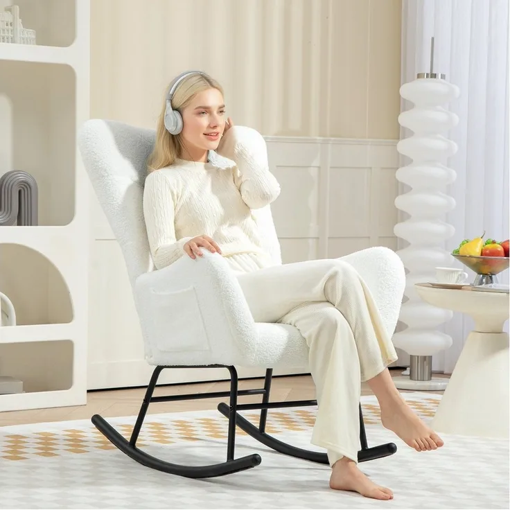 HOMCOM Schaukelstuhl Schaukelsessel mit Teddystoff-Optik Armlehne Stillsessel mit Holzkufen (Relaxsessel, 1 St), mit Seitentasche für Wohnzimmer, Schlafzimmer, Weiß