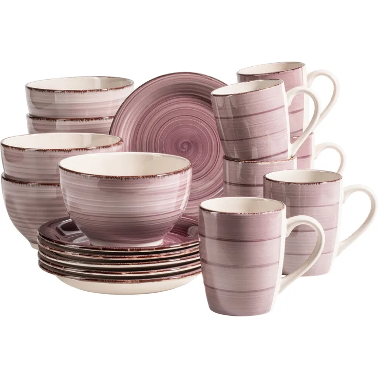 Frühstück-Service für 6 Personen im Vintage Look, handbemalte Keramik, 18-teiliges Geschirr-Set, im Lila Farbton Berry