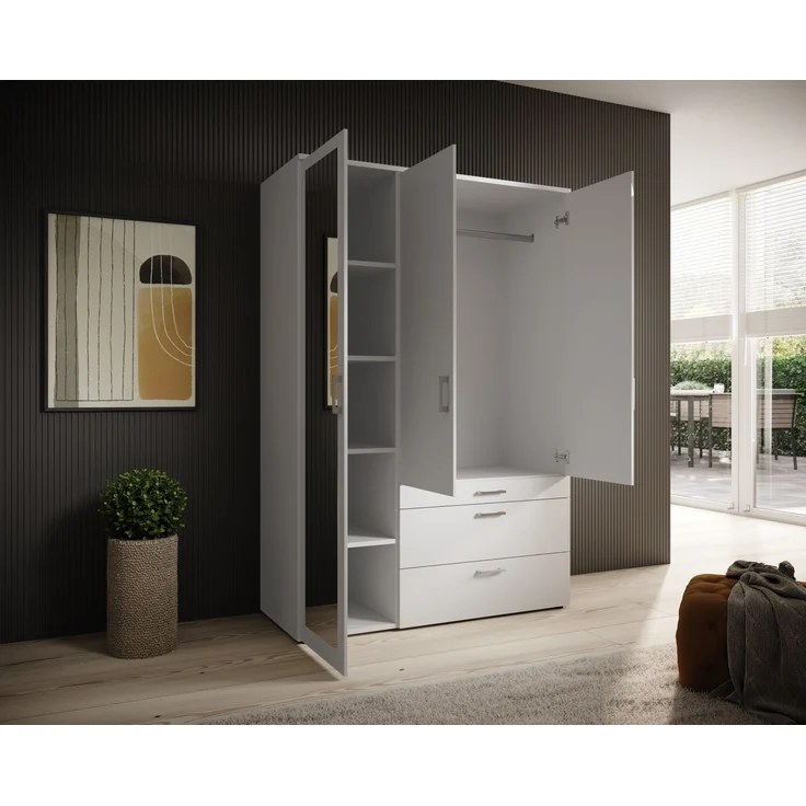 Kleiderschrank >Vesala< in Weiß mit Spiegel, Melamin - 135x195x56cm (BxHxT) – Bild 7