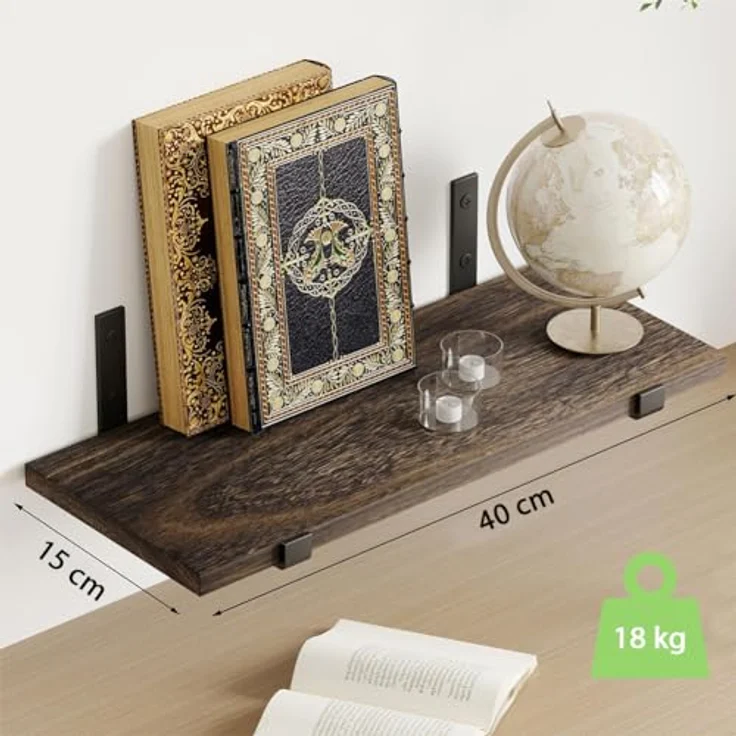 BAKAJI Set mit 10 schwimmenden Wandregalen aus Holz, Mehrzweck-Wandregal mit Metallhalterungen, ideal für Schlafzimmer, Wohnzimmer, Küche, Badezimmer, Bücherregal, platzsparend, 40 x 15 cm (Eiche) – Bild 3
