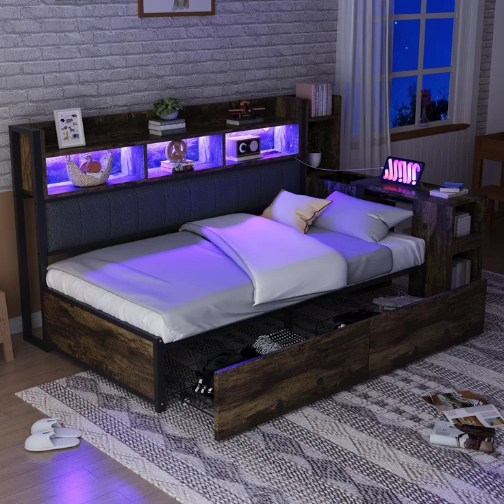 EINHOM Eisen Sofabett 90 x 200 cm mit Stauraum, Metall + Holz, mit Vielseitigen Staufächern & Schließfächern, Multifunktionalen Steckdosen & LED-Beleuchtung, Komplett mit Großen Schubladen und einem Ausziehbaren Schreibtisch, Naturholz (Ohne Matratze) – Bild 5