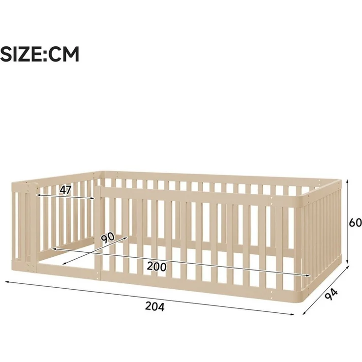 Flieks Kinderbett, Massivholzbett Bodenbett 90x200 cm mit Zaun ohne Lattenrost – Bild 3
