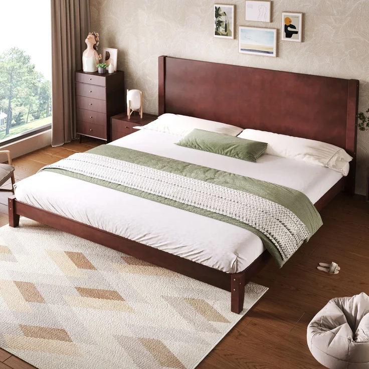 Merax Doppelbett, 180x200 Plattformbett mit Kopfteil und Lattenrost, Braun – Bild 2