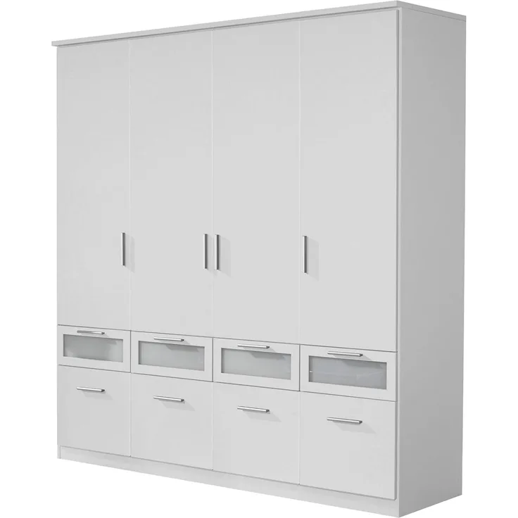 Rauch Möbel Bochum Schrank Kleiderschrank Drehtürenschrank 4-türig mit 8 Schubladen, Weiß / Milchglas, BxHxT 181 x 199 x 56 cm