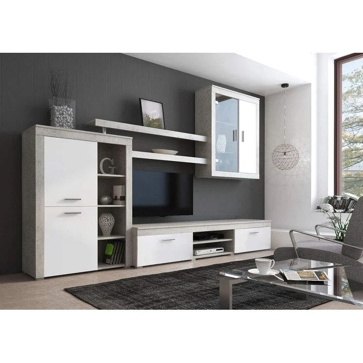 Dmora Wohnzimmerwandsystem, TV-Schrank, Regale und Vitrine, Komplettes modernes Wohnzimmer, Made in Italy, 293x50h144 cm, Weiß und Zementfarbe – Bild 2