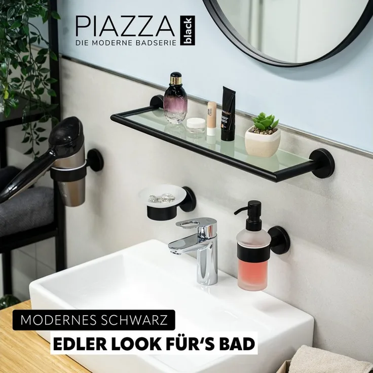 bremermann Wandregal Bad-Serie PIAZZA BLACK - aus Glas und Edelstahl matt schwarz, 1-tlg.