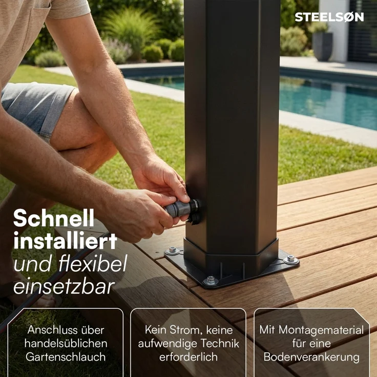 STEELSØN 'Xypher' Solardusche 60L, hexagon, schwarz, warmes Wasser bis 60°C, schwankender Regenduschkopf und Wasserhahn, Gartendusche inkl. Schutzhaube – Bild 7