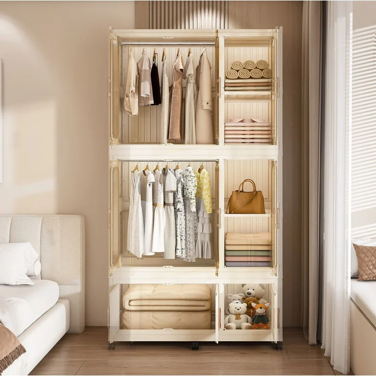 Kleiderschrank aus Kunststoff mit 9 Magnettüren und Rollen, faltbar, 92×45×196 cm, cremeweiß – Bild 5