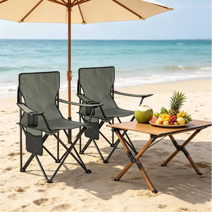 Campingstuhl 47x76x80,5 cm, 2er-Set mit Getränkehalter und Tragetaschen – klappbar, dunkelgrau