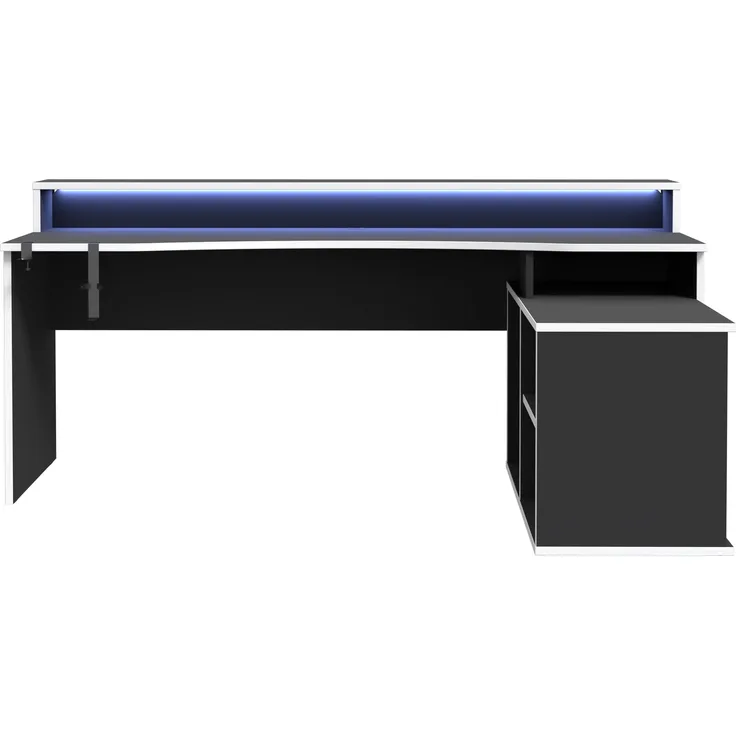 Eckschreibtisch >TEZAUR< LED-Beleuchtung, Ablage, Weiss / Schwarz - 200x91,1x125,4cm (BxHxT)