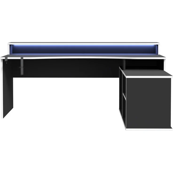Eckschreibtisch >TEZAUR< LED-Beleuchtung, Ablage, Weiss / Schwarz - 200x91,1x125,4cm (BxHxT) – Bild 1