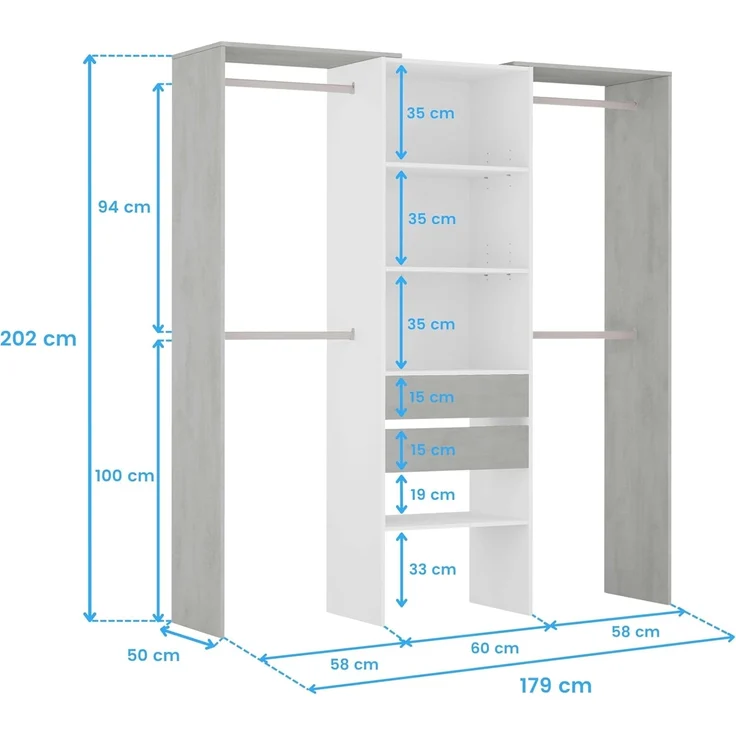 Habitdesign, offener Kleiderschrank mit 2 Schubladen – modernes Garderobensystem mit Kleiderstangen und Einlegeböden, in Artik weiß und Zementgrau, Maße: 179 x 202 x 50 cm (B x H x T), Modell Tidy – Bild 3