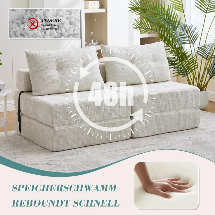 LVHOM Schlafsofa mit Schlaffunktion und Kissen, tragbares Klappsofa mit Rückenlehne, bis 200kg, für Wohnzimmer Büro, Beige – Bild 5