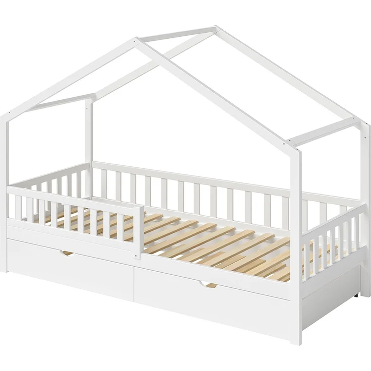 Bellabino 'Vils' Hausbett 90x200 cm mit Gästebett 90x190 cm und 2 Matratzen, weiß, Kiefer Massivholz, Montessori Kinderbett mit Ausziehbett, inkl. Rausfallschutz und Lattenrost – Bild 10