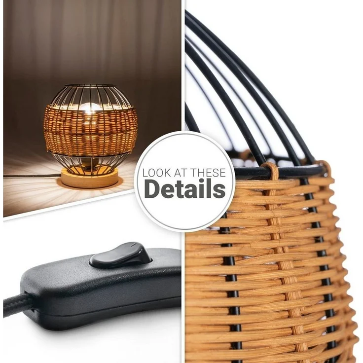 Paco Home Tischleuchte PUGLO, ohne Leuchtmittel, Rattan Schreib LED Rustikal Boho Holz E27 – Bild 2