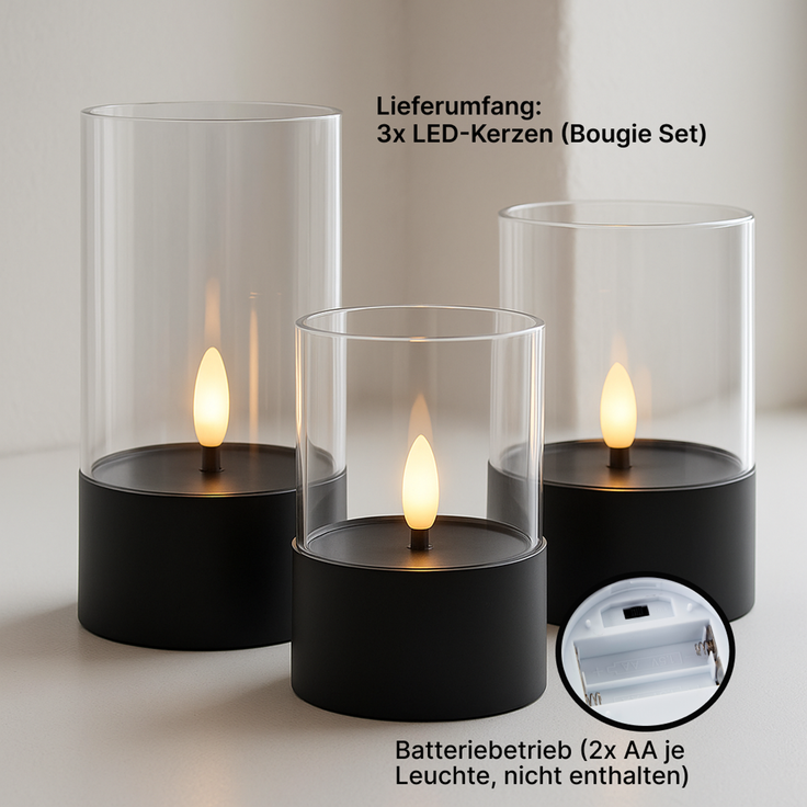Brilliant Bougie LED-Kerzen 3er-Set - schwarz/geräuchertes Glas, warmweiß flackernd, 10 cm,12,5 cm,15 cm, batteriebetrieben, Dekoration für drinnen & draußen – Bild 9