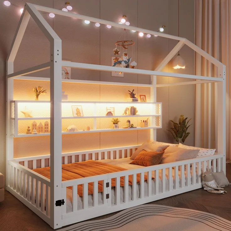 EINHOM 90 x 200 cm Hausförmiges Plattformbett mit Zaun und LED-Beleuchtung, Weiß (Ohne Matratze)