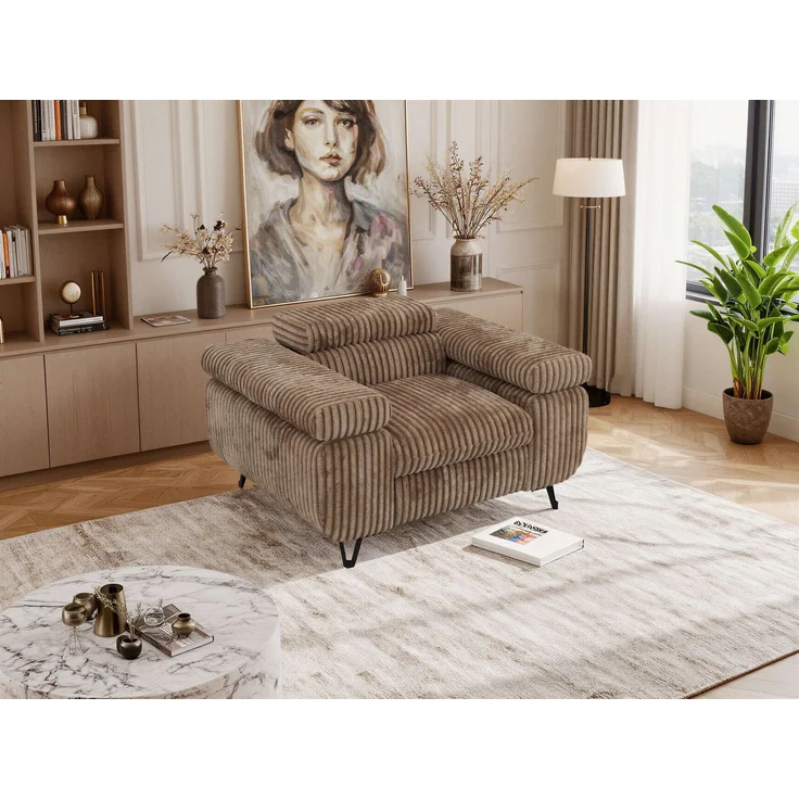Einzelsessel, Polstersessel PETER mit verstellbaren Armlehnen und Kopfstütze, 1-Sitzer Sofa, Ohrensessel, Wellenfeder - Braun Cord – Bild 5