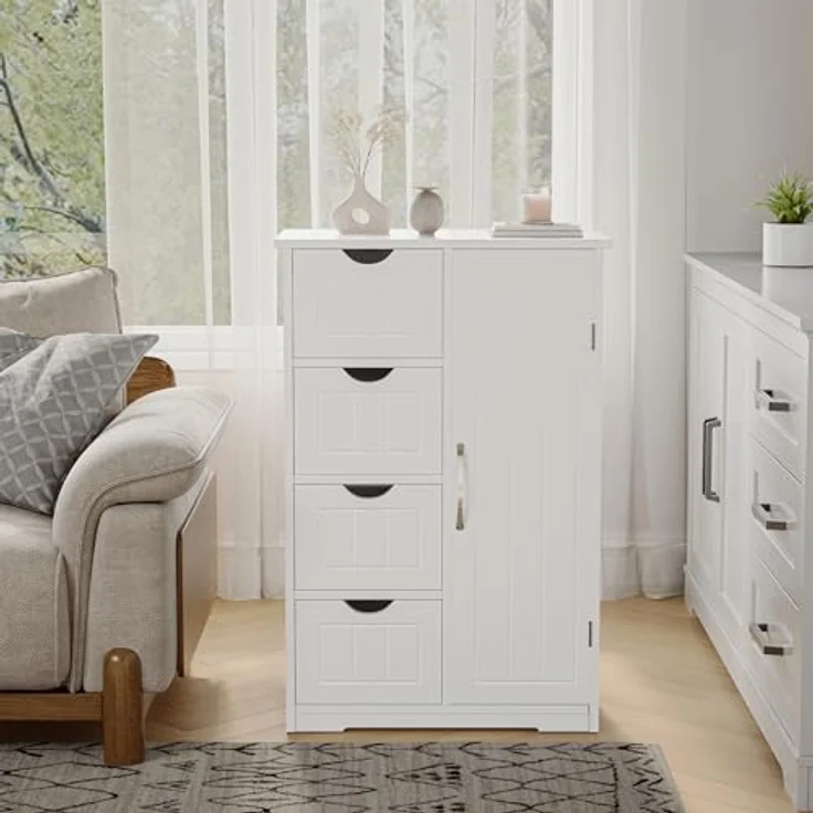 Sweetcrispy Badezimmerschrank 24 Inches Hoch Modern, mit 4 Schubladen & 1 Tür, Hochglanz Weiß mit Einboden & Großem Stauraum, Schmale Badkommode, Badezimmer Kommode – Bild 10