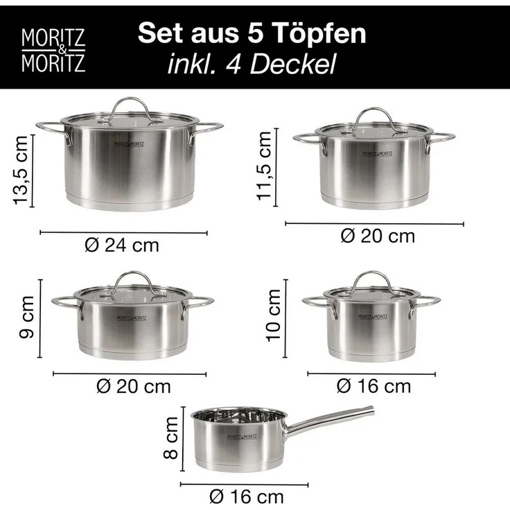 Moritz & Moritz Topf-Set Edelstahl Kochtopfset 9-teilig, 5 Kochtöpfe inkl. 4 Glasdeckel, Edelstahl (Set, 9-tlg, Set), für alle Herdarten