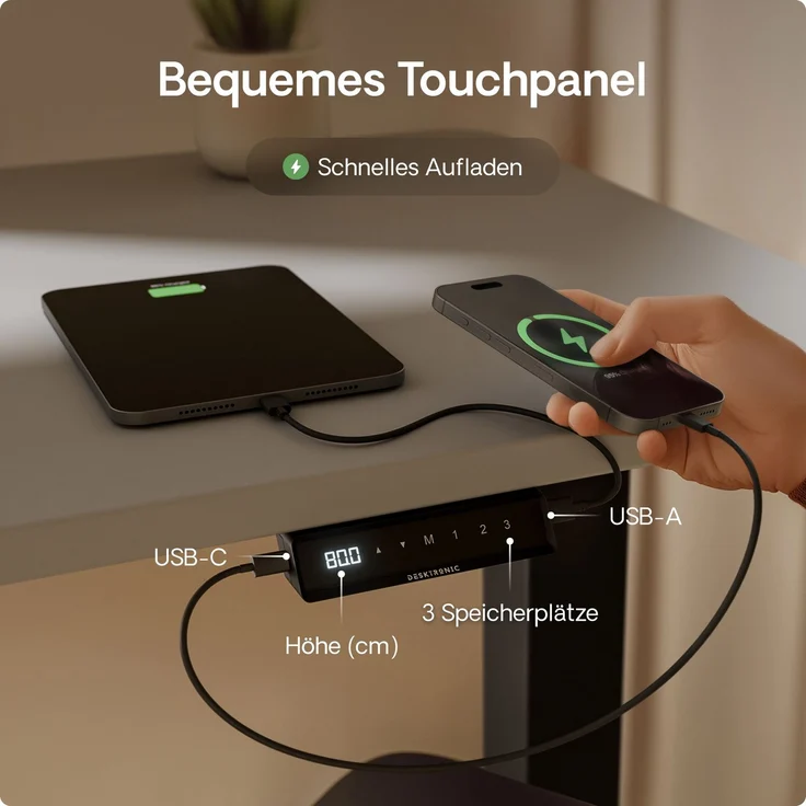 Desktronic HomeOne Elektrisch höhenverstellbarer Schreibtisch 140x70cm Schwarz/Grau mit Memory-Funktion, Anti-Kollisions Technologie, USB-A und USB-C-Ladeanschlüssen – Bild 6