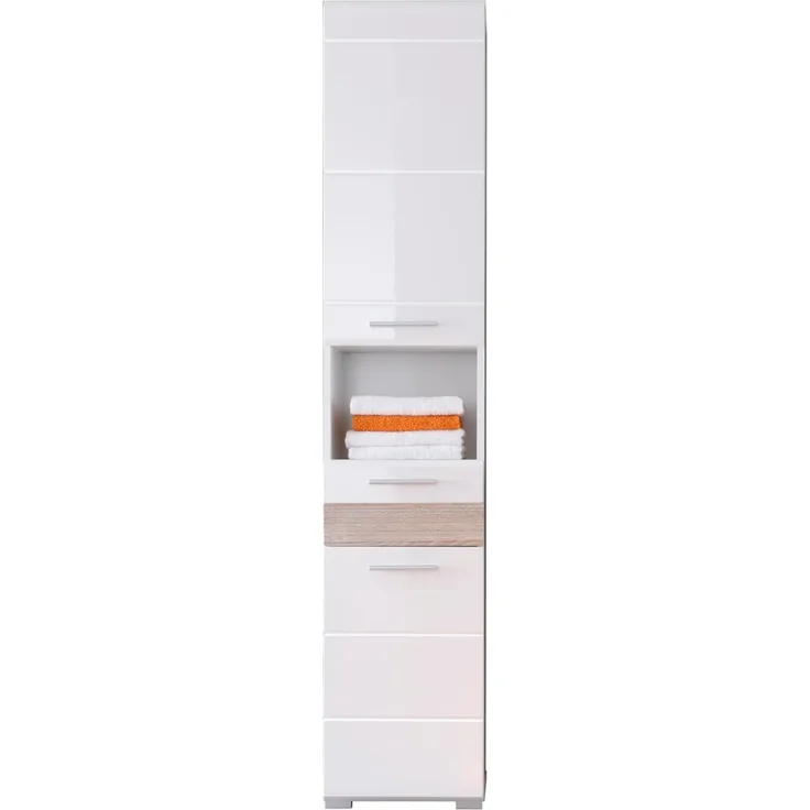 Hochschrank 'Mezzo' weiß Hochglanz / Eiche sägerau hell, 37 x 182 x 31 cm