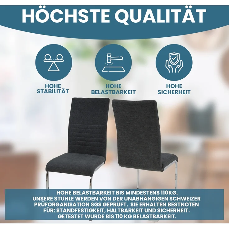 Freischwinger Stühle 4er Set LUGANO, Grau - Esszimmerstuhl Schwingstuhl mit modernem Design, Stoff-Bezug, dicke Polsterung - Küchenstuhl, Polsterstuhl, Stuhl Esszimmer oder Esstisch Stuhl – Bild 3
