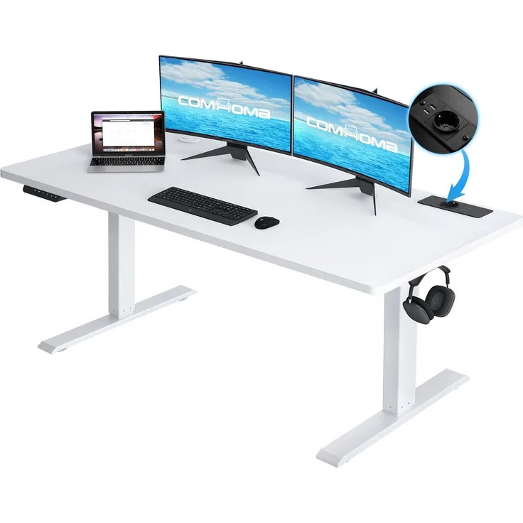 COMHOMA Schreibtisch Höhenverstellbarer Schreibtisch 140x60 cm mit USB-Buchse und Haken (1 Tisch), Verstellbarer Computertisch, Stehpult Stehschreibtisch