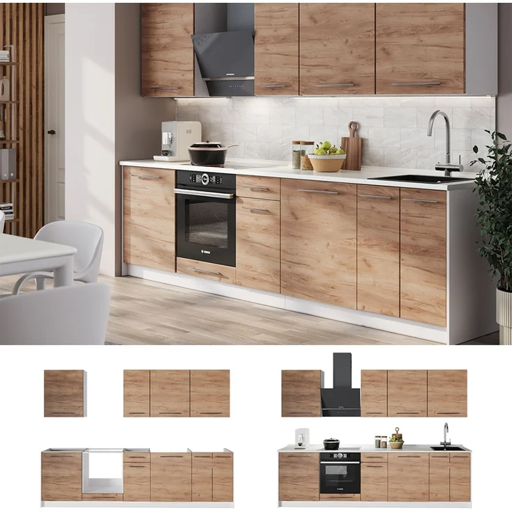 Küchenzeile Fame-Line Goldkraft Eiche/Weiß 280 cm, AP Marmor Vicco – Bild 4