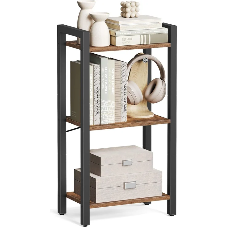 VASAGLE Regal, Bücherregal, Standregal, DVD-Regal, mit 3 Ebenen, Büroregal, offene Ablagen, für Büro, Wohnzimmer, Schlafzimmer, Küche, 24 x 40 x 76,4 cm, vintagebraun-tintenschwarz – Bild 1