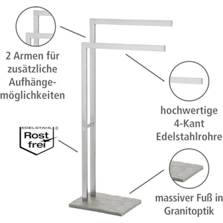 WENKO GRANIT Handtuchhalter, mit 2 Armen, stehend, Edelstahl rostfrei – Bild 3