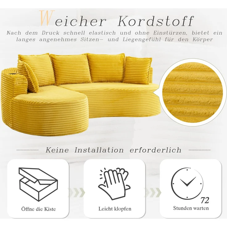 LVHOM Ecksofa L-Form, Cloud Sofa mit Tassenhalter und Seitentaschen, 3-Sitzer Sofa aus Cordstoff, kein Aufbau erforderlich, 250x152cm, Gelb – Bild 5
