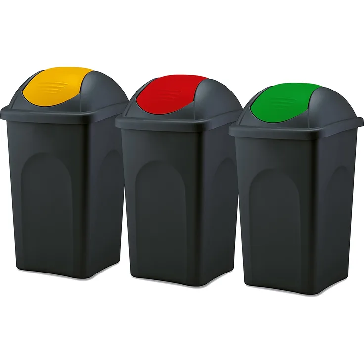 BigDean 3x Mülleimer groß 60L - schwarz - mit Schwingdeckel gelb, rot & grün - aus Kunststoff - Müllsammler Abfalleimer Mülltonne Abfallbehälter - Made in Italy