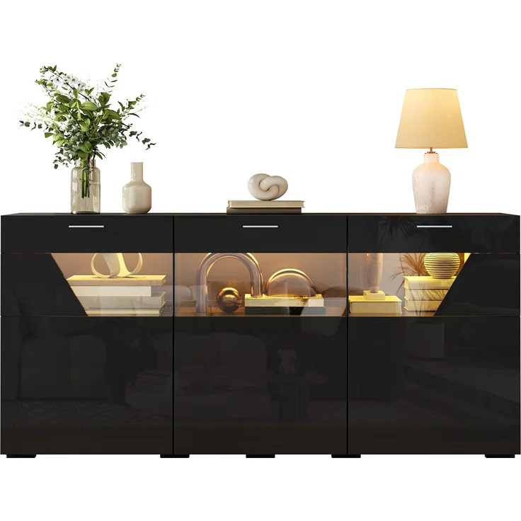 ZUBALIYA Sideboard 160x38x78 cm, mit LED-Beleuchtung, Hochglanz, mit 3 Türen, aus Spanplatte, Schwarz – Bild 1